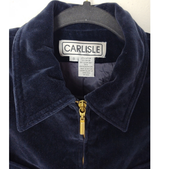 Carlisle Vintage 80's Dark Blue Velvet Cropped Jacket Zip Front Size 8 - Picture 7 of 12